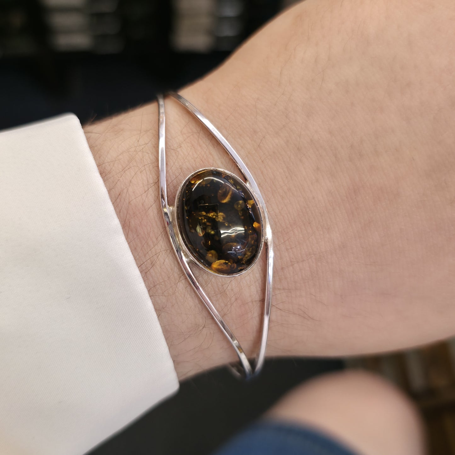 Sterling Silver Large Oval Amber Cabochon Set Openwork Bangle