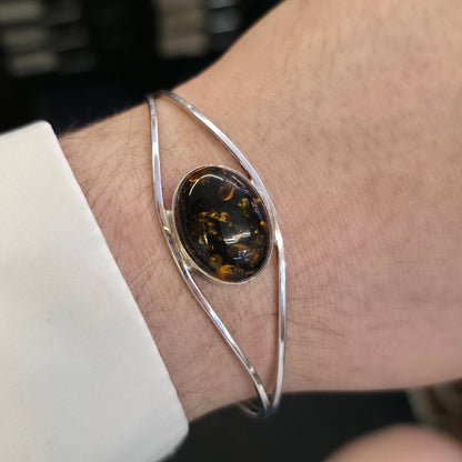 Sterling Silver Large Oval Amber Cabochon Set Openwork Bangle
