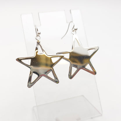 Sterling Silver Vintage Polished Star Shaped Panel Cut-Out Drop Earrings