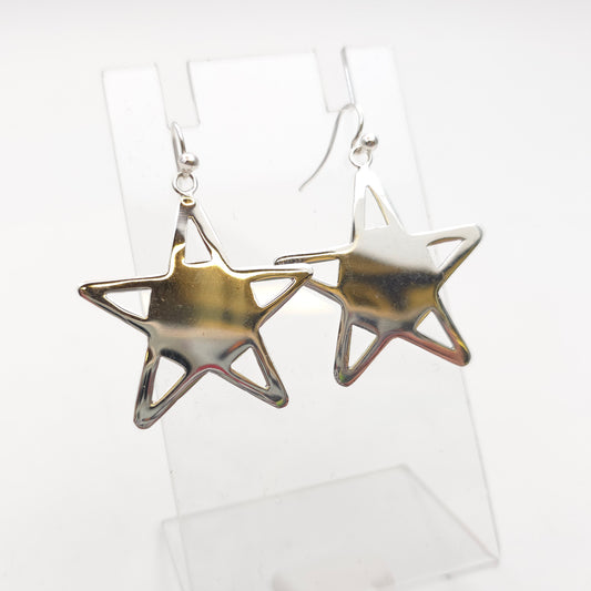 Sterling Silver Vintage Polished Star Shaped Panel Cut-Out Drop Earrings