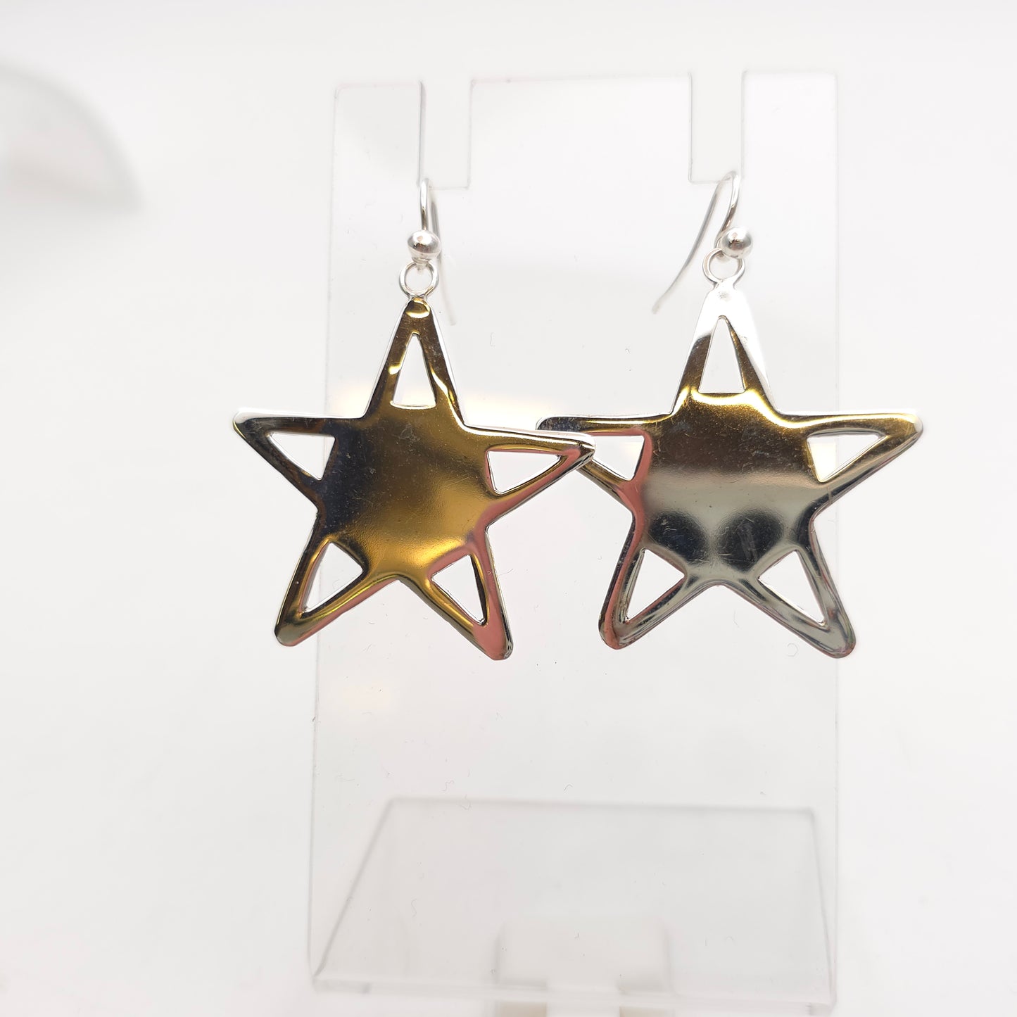 Sterling Silver Vintage Polished Star Shaped Panel Cut-Out Drop Earrings