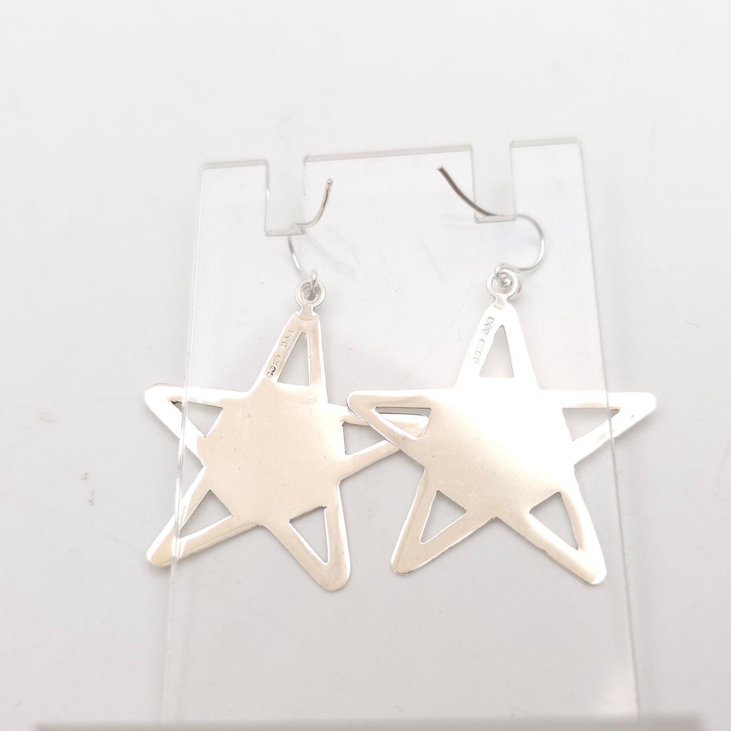 Sterling Silver Vintage Polished Star Shaped Panel Cut-Out Drop Earrings