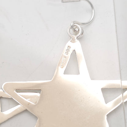 Sterling Silver Vintage Polished Star Shaped Panel Cut-Out Drop Earrings