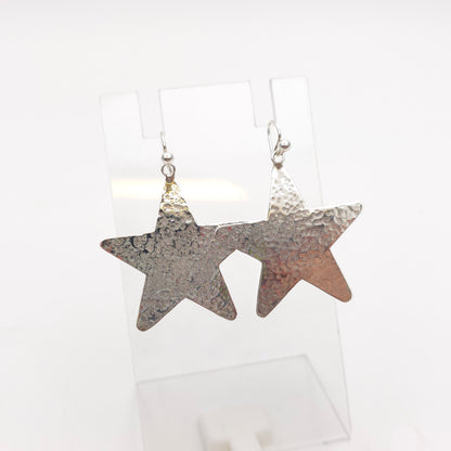 Sterling Silver Vintage Hammered Effect Star Shaped Panel Drop Earrings