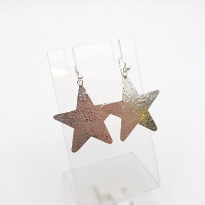 Sterling Silver Vintage Hammered Effect Star Shaped Panel Drop Earrings