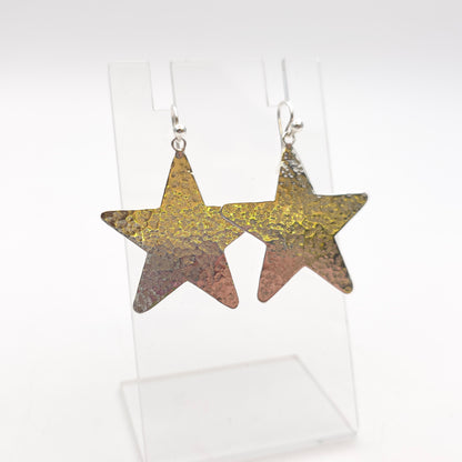 Sterling Silver Vintage Hammered Effect Star Shaped Panel Drop Earrings
