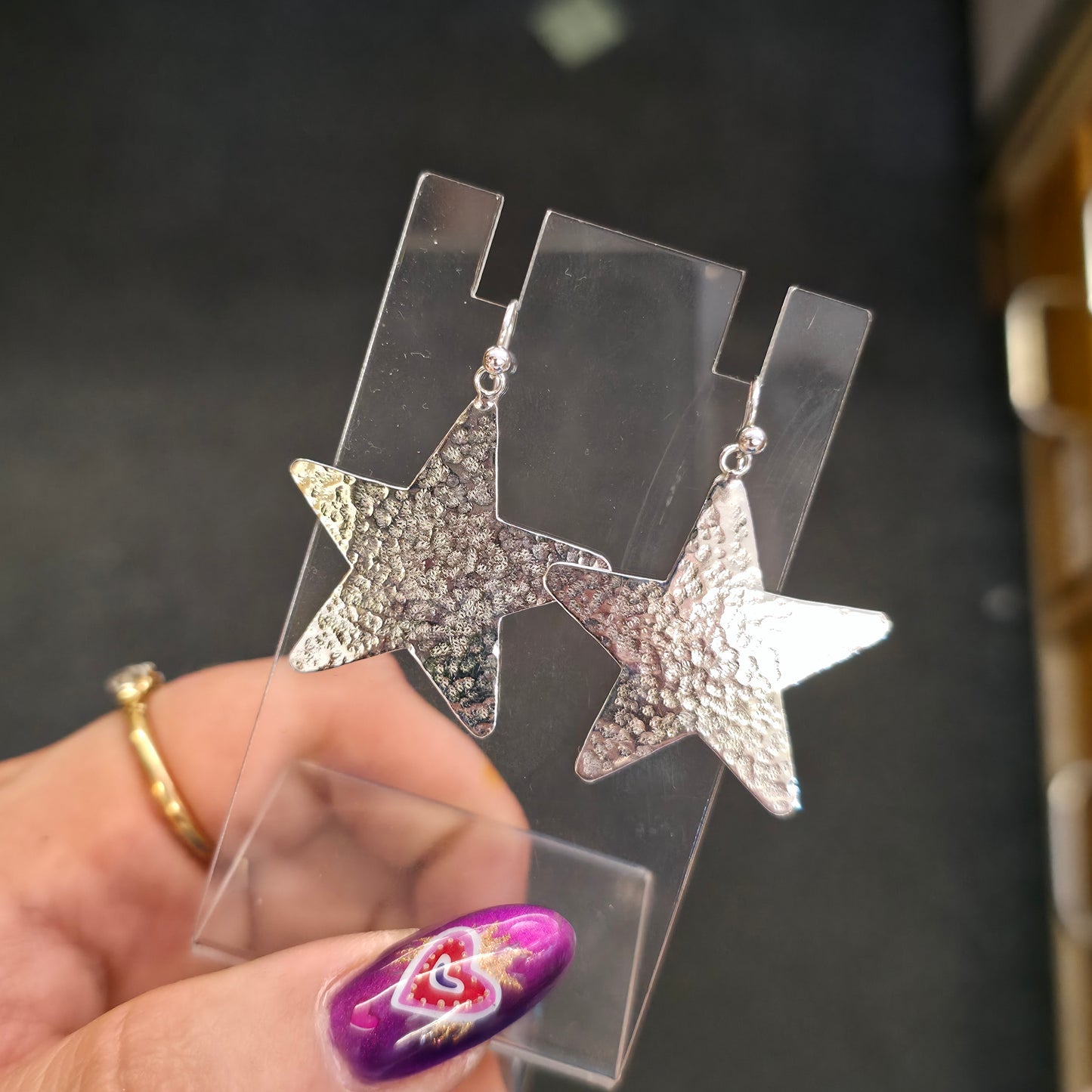 Sterling Silver Vintage Hammered Effect Star Shaped Panel Drop Earrings
