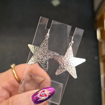 Sterling Silver Vintage Hammered Effect Star Shaped Panel Drop Earrings