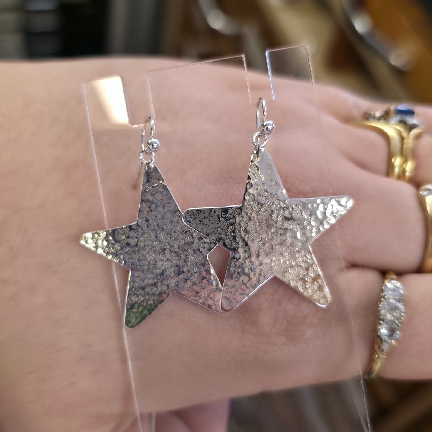 Sterling Silver Vintage Hammered Effect Star Shaped Panel Drop Earrings