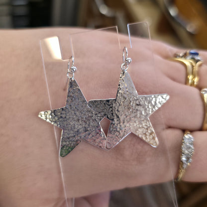 Sterling Silver Vintage Hammered Effect Star Shaped Panel Drop Earrings