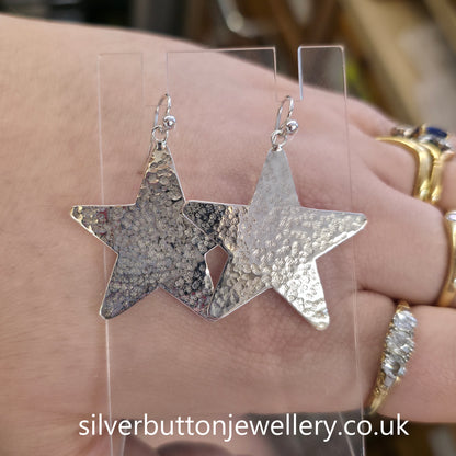Sterling Silver Vintage Hammered Effect Star Shaped Panel Drop Earrings