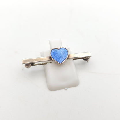 Sterling Silver Vintage Danish Blue Enamel Heart Bar Brooch Volmer Bahner