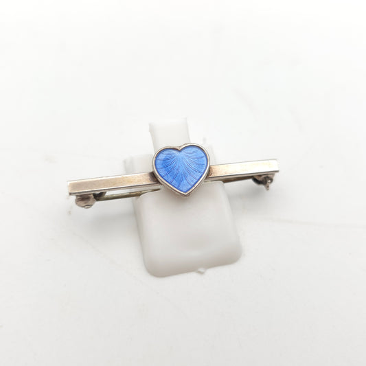 Sterling Silver Vintage Danish Blue Enamel Heart Bar Brooch Volmer Bahner