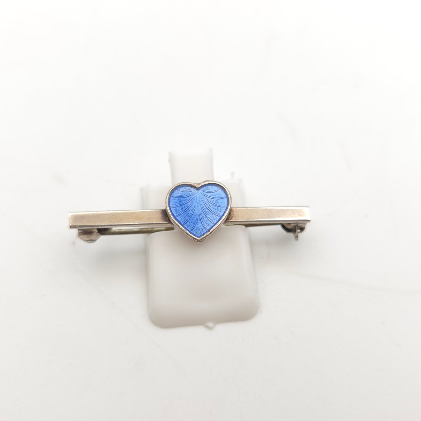 Sterling Silver Vintage Danish Blue Enamel Heart Bar Brooch Volmer Bahner