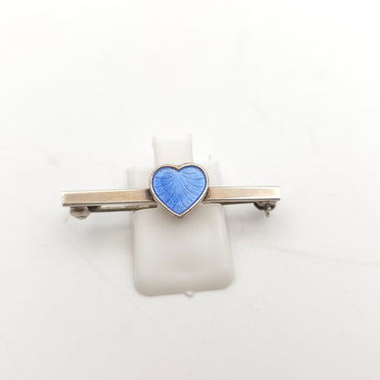 Sterling Silver Vintage Danish Blue Enamel Heart Bar Brooch Volmer Bahner