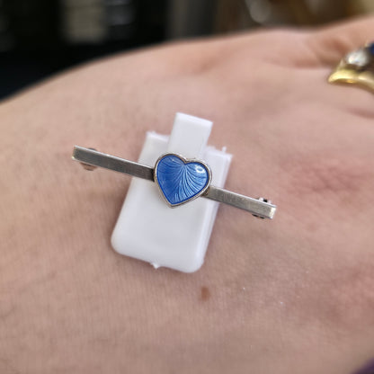Sterling Silver Vintage Danish Blue Enamel Heart Bar Brooch Volmer Bahner