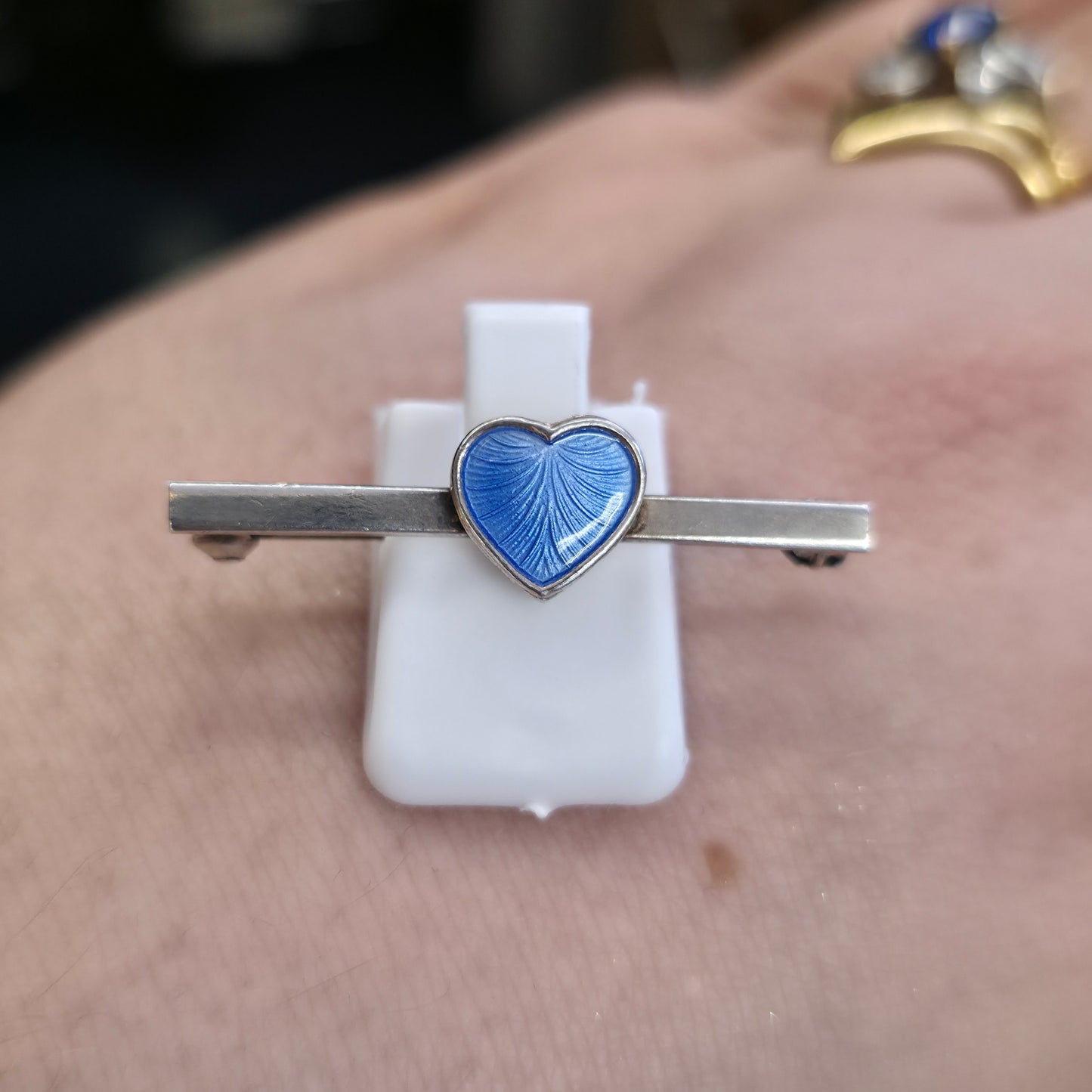Sterling Silver Vintage Danish Blue Enamel Heart Bar Brooch Volmer Bahner