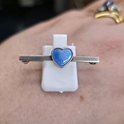 Sterling Silver Vintage Danish Blue Enamel Heart Bar Brooch Volmer Bahner
