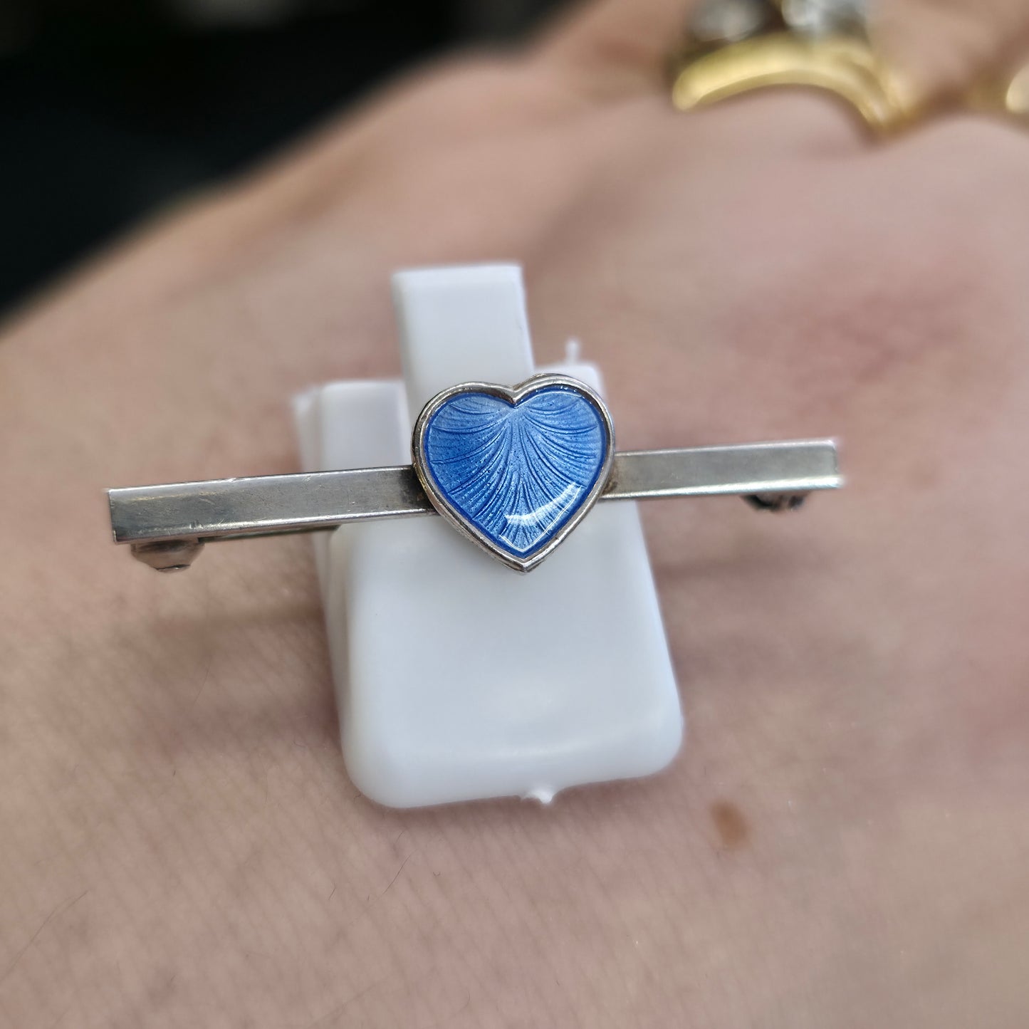 Sterling Silver Vintage Danish Blue Enamel Heart Bar Brooch Volmer Bahner