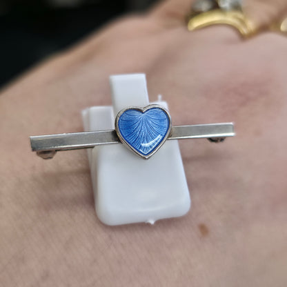 Sterling Silver Vintage Danish Blue Enamel Heart Bar Brooch Volmer Bahner