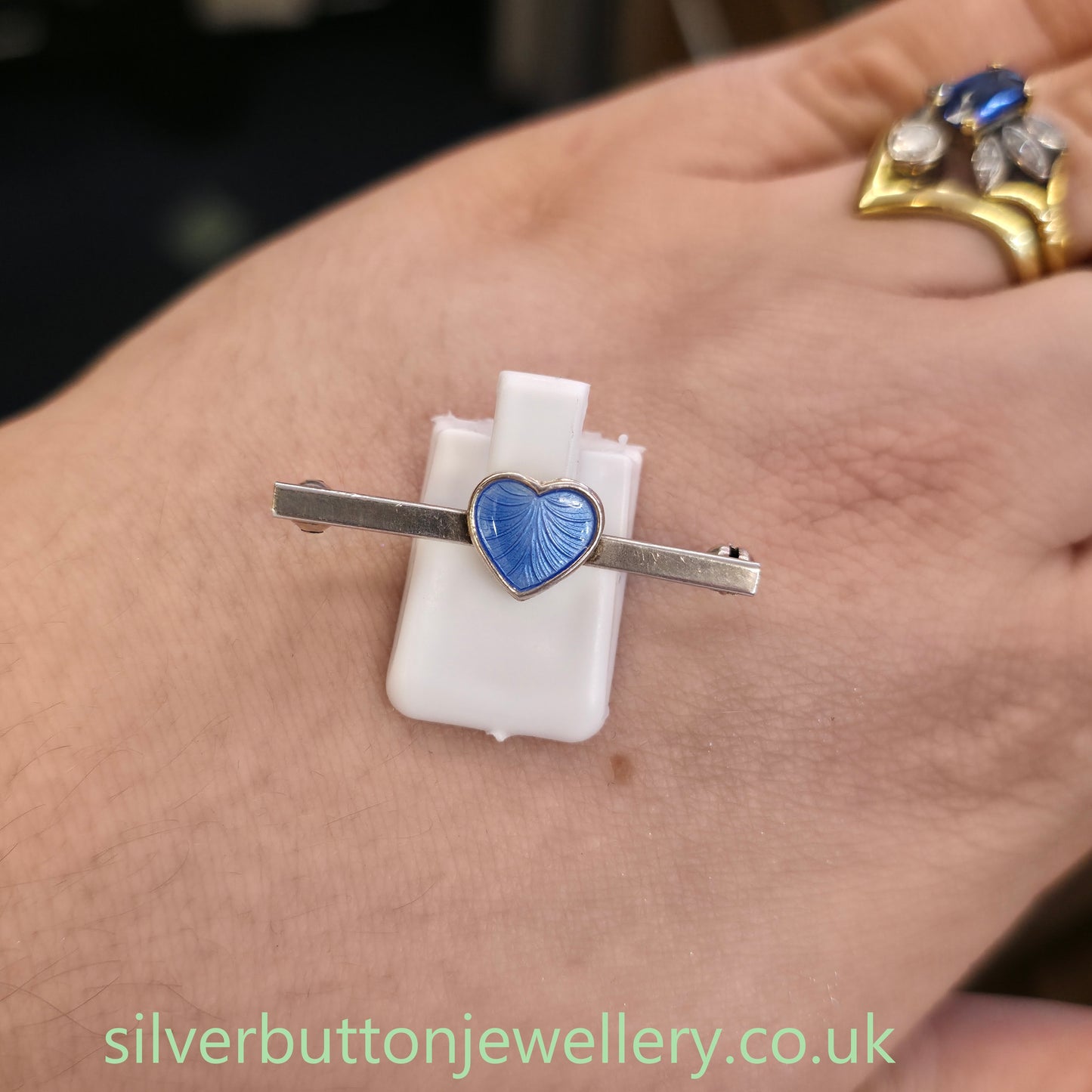 Sterling Silver Vintage Danish Blue Enamel Heart Bar Brooch Volmer Bahner