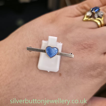 Sterling Silver Vintage Danish Blue Enamel Heart Bar Brooch Volmer Bahner