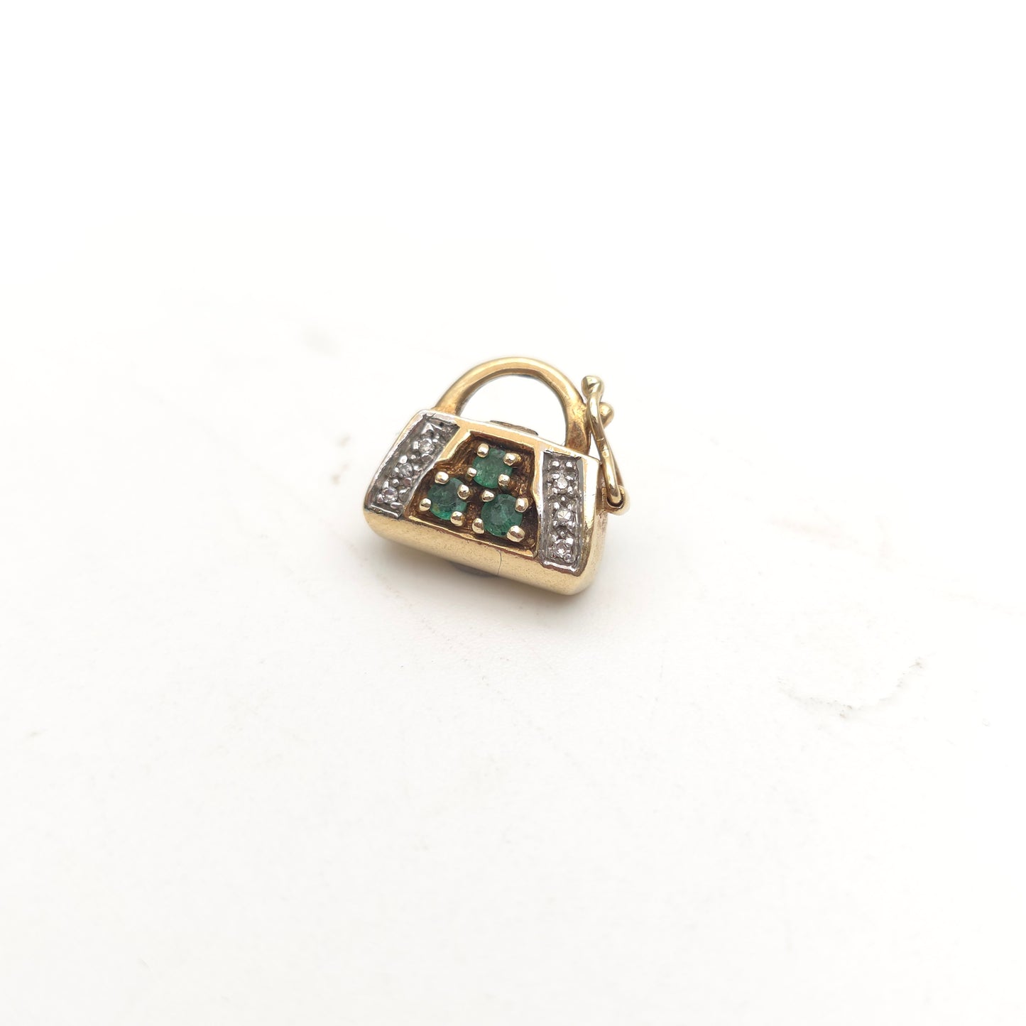 9ct Yellow Gold Vintage Emerald And Diamond Set Handbag Charm / Clasp / Pendant