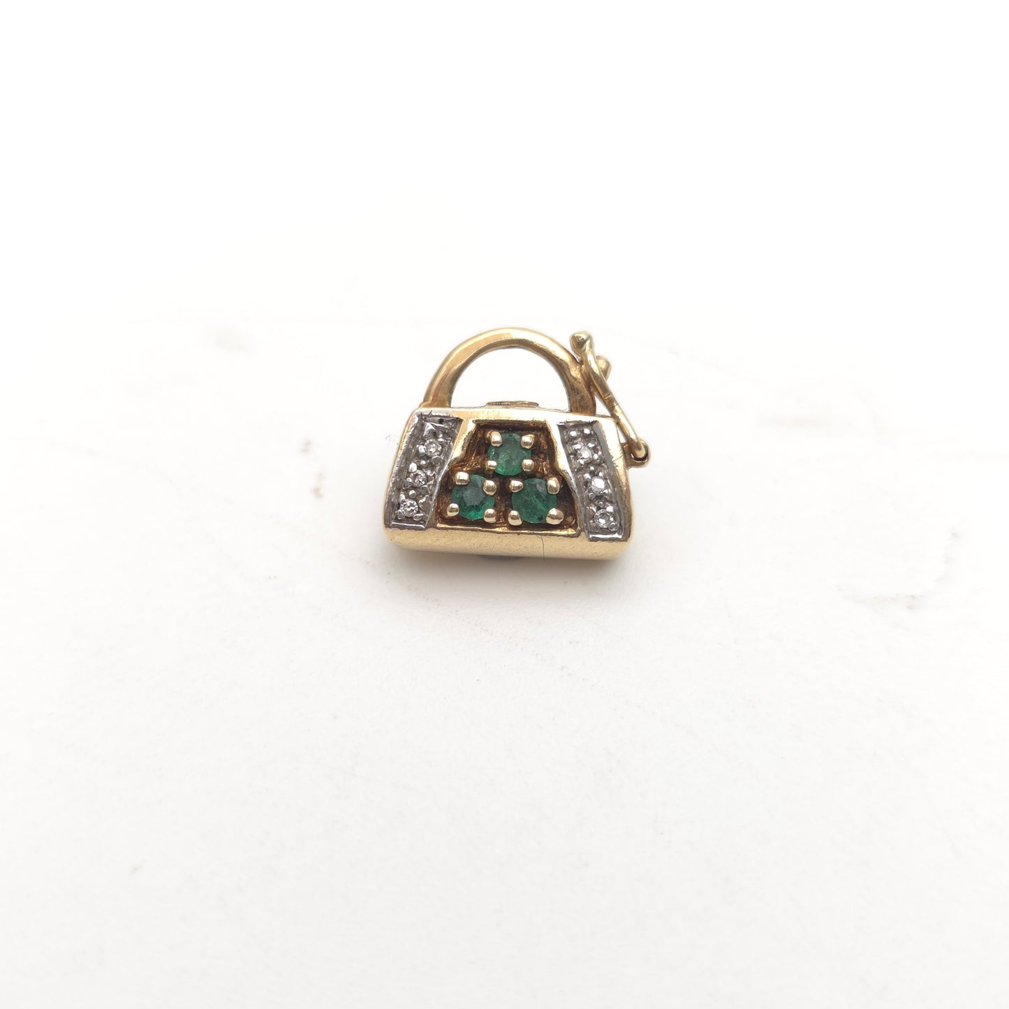 9ct Yellow Gold Vintage Emerald And Diamond Set Handbag Charm / Clasp / Pendant