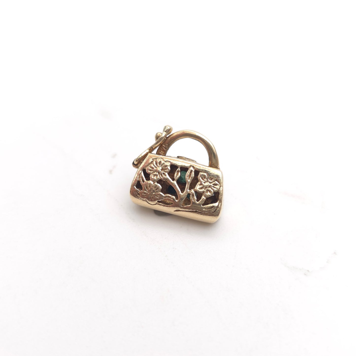 9ct Yellow Gold Vintage Emerald And Diamond Set Handbag Charm / Clasp / Pendant