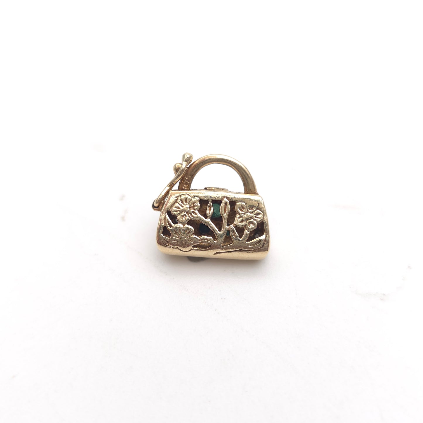 9ct Yellow Gold Vintage Emerald And Diamond Set Handbag Charm / Clasp / Pendant