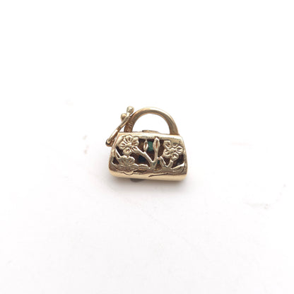 9ct Yellow Gold Vintage Emerald And Diamond Set Handbag Charm / Clasp / Pendant