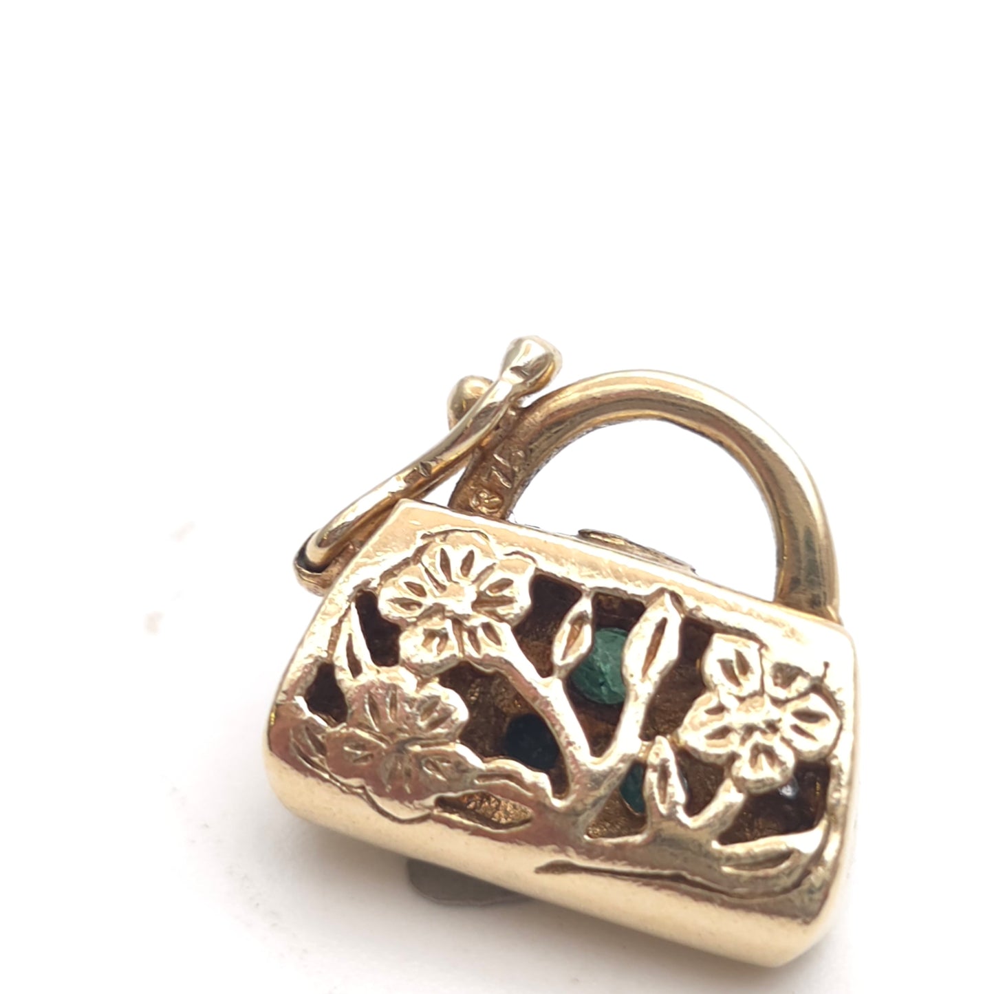 9ct Yellow Gold Vintage Emerald And Diamond Set Handbag Charm / Clasp / Pendant