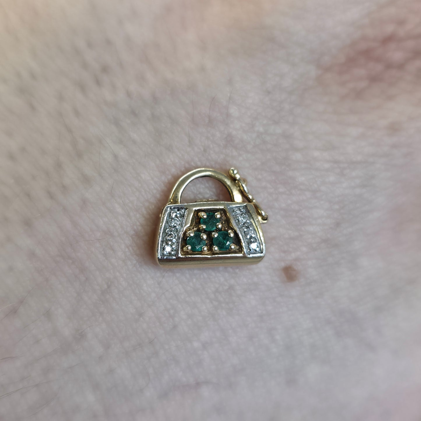 9ct Yellow Gold Vintage Emerald And Diamond Set Handbag Charm / Clasp / Pendant