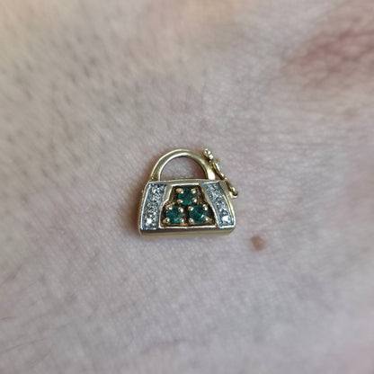 9ct Yellow Gold Vintage Emerald And Diamond Set Handbag Charm / Clasp / Pendant