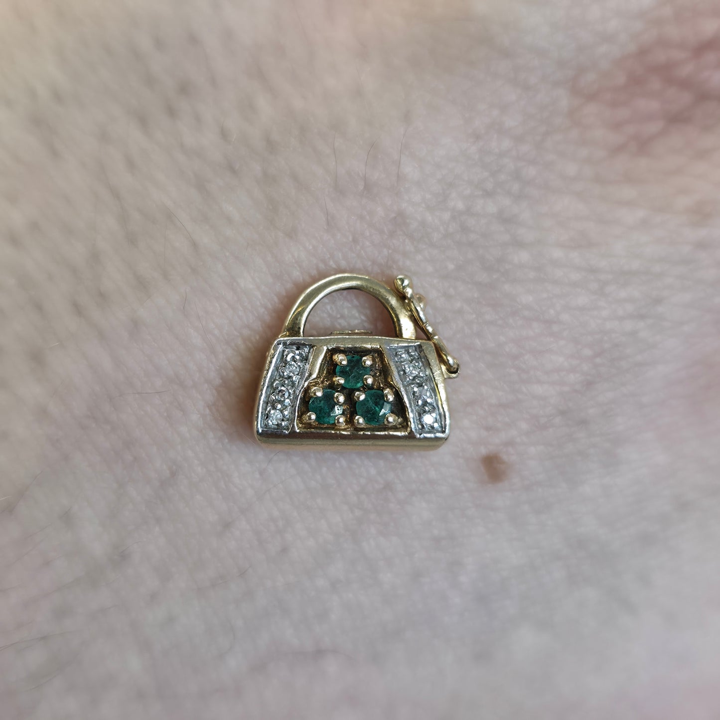 9ct Yellow Gold Vintage Emerald And Diamond Set Handbag Charm / Clasp / Pendant