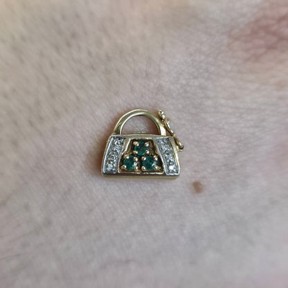 9ct Yellow Gold Vintage Emerald And Diamond Set Handbag Charm / Clasp / Pendant