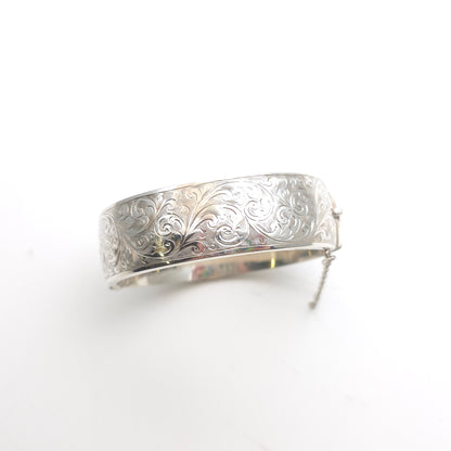 Sterling Silver Vintage Foliate Scrollwork Engraved Half Patterned Hinged Bangle