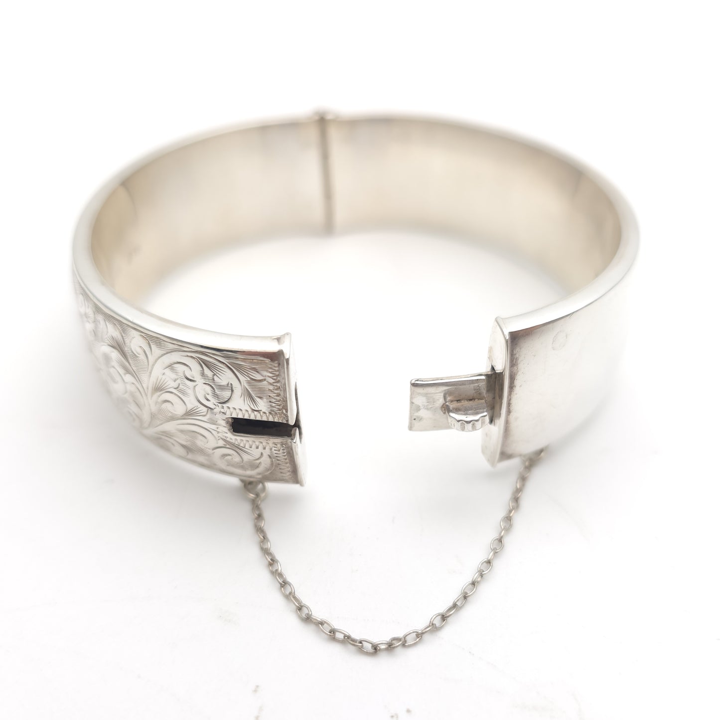 Sterling Silver Vintage Foliate Scrollwork Engraved Half Patterned Hinged Bangle