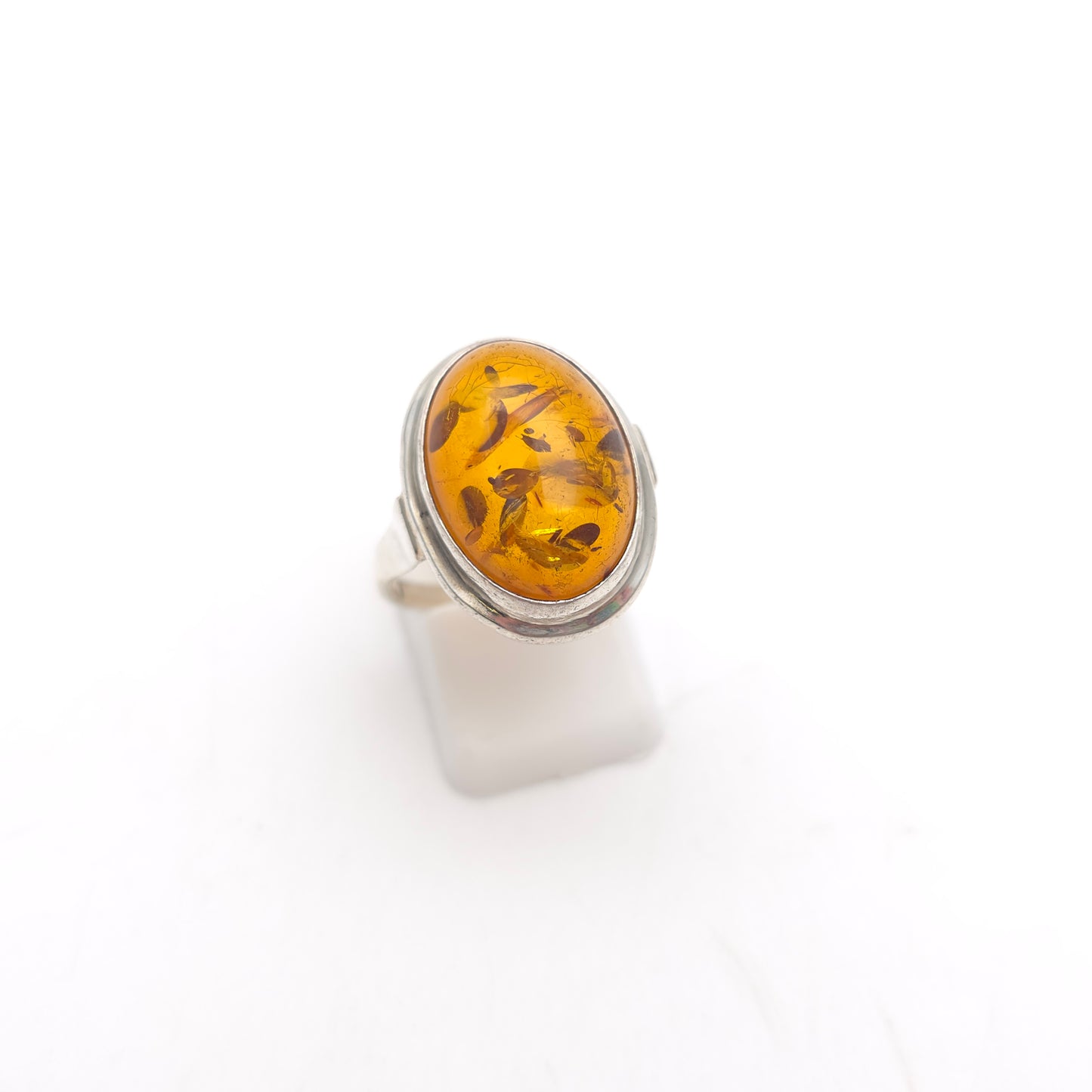 Sterling Silver Vintage Large Oval Cabochon Amber Solitaire Ring