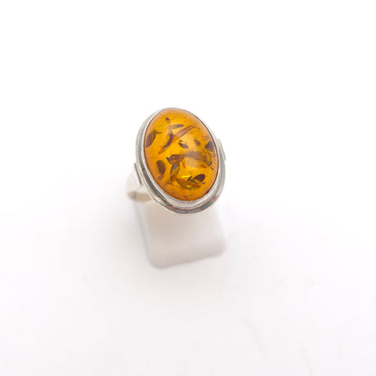 Sterling Silver Vintage Large Oval Cabochon Amber Solitaire Ring