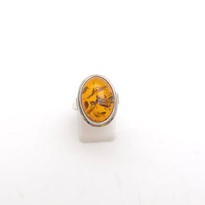 Sterling Silver Vintage Large Oval Cabochon Amber Solitaire Ring