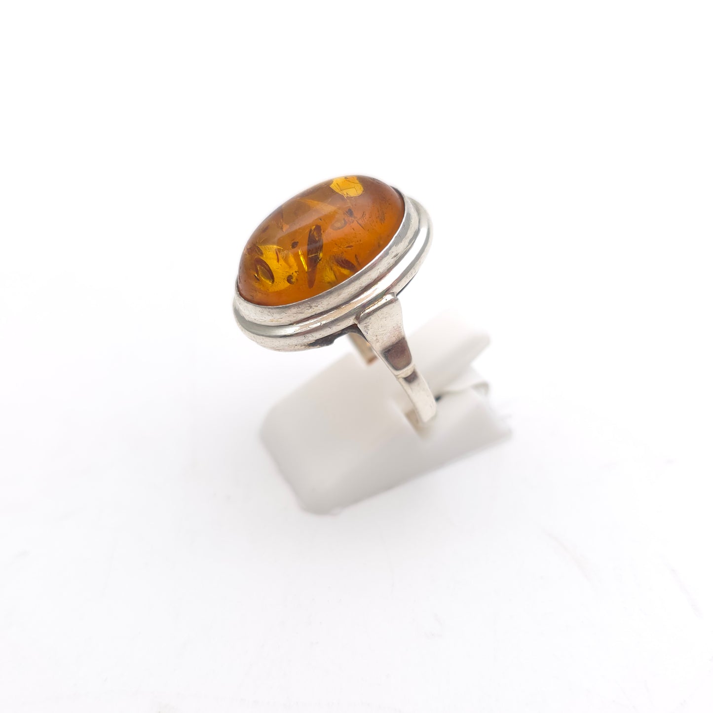 Sterling Silver Vintage Large Oval Cabochon Amber Solitaire Ring