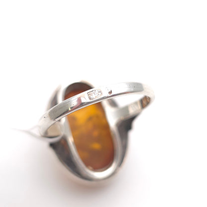 Sterling Silver Vintage Large Oval Cabochon Amber Solitaire Ring