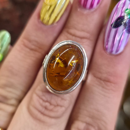 Sterling Silver Vintage Large Oval Cabochon Amber Solitaire Ring