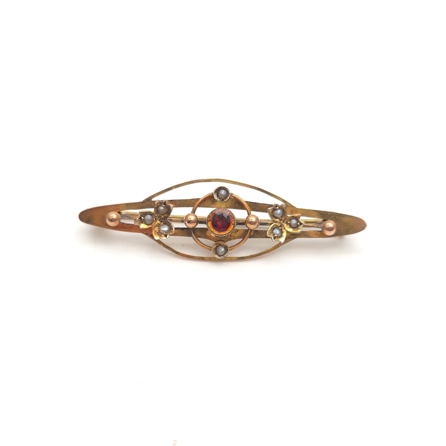 9ct Yellow Gold Antique Garnet And Pearl Openwork Brooch