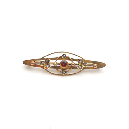 9ct Yellow Gold Antique Garnet And Pearl Openwork Brooch