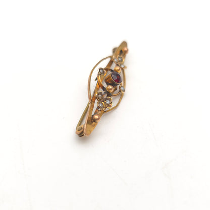 9ct Yellow Gold Antique Garnet And Pearl Openwork Brooch