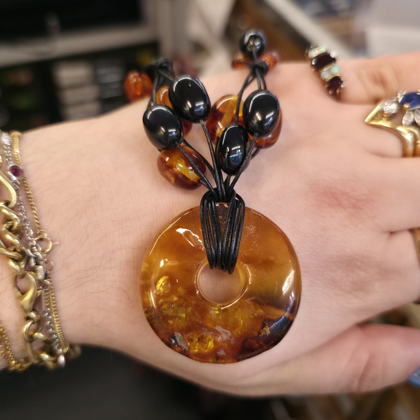 Vintage Extra Large Chunky Natural Vari-Hue Amber Doughnut Beaded Necklace