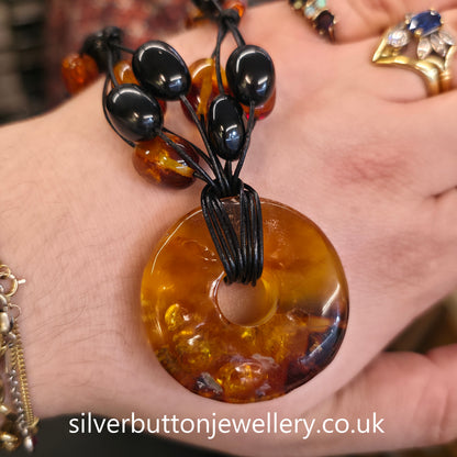 Vintage Extra Large Chunky Natural Vari-Hue Amber Doughnut Beaded Necklace