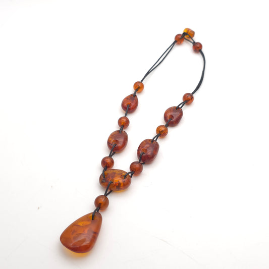 Vintage Extra Large Chunky Leather Corded Amber Beaded Necklace